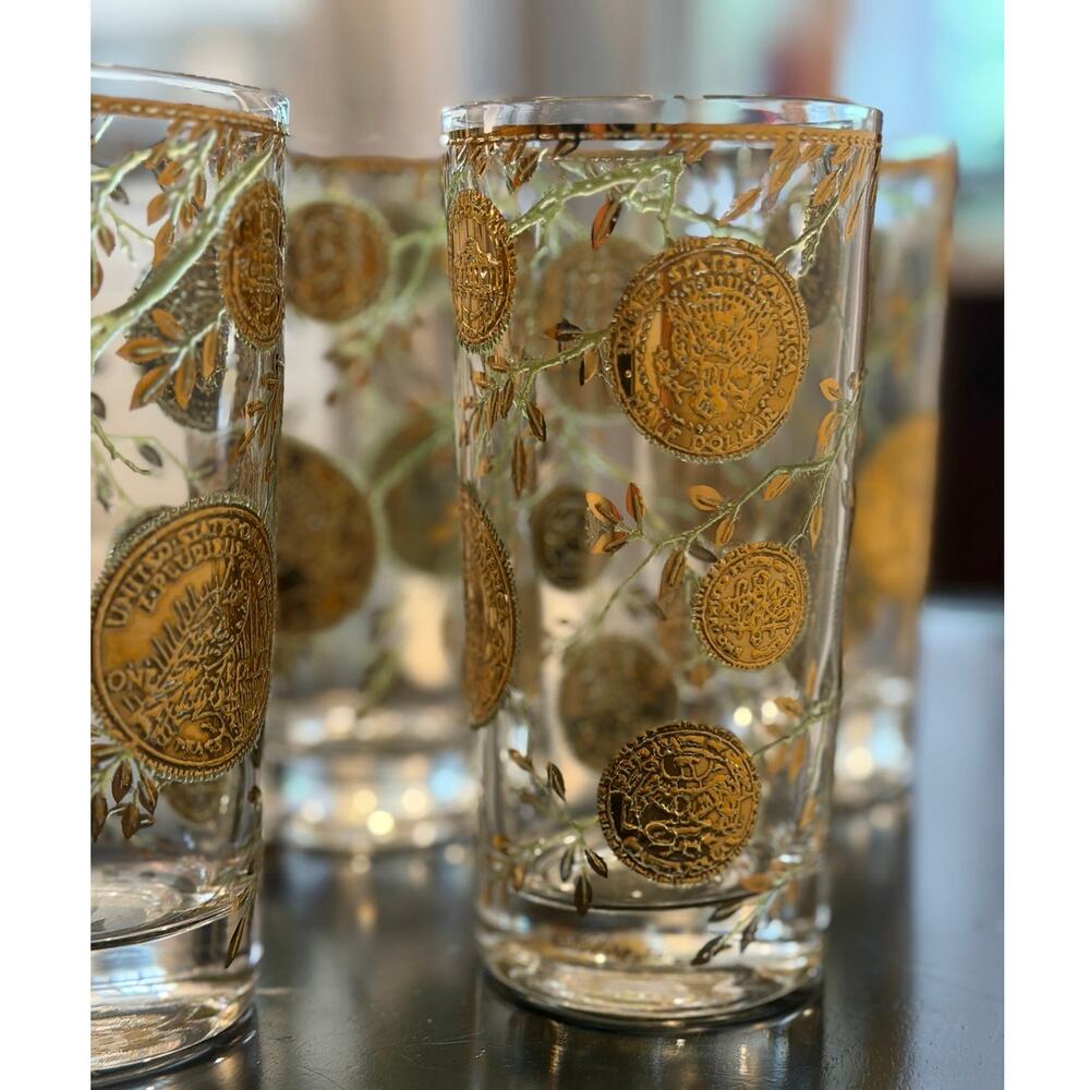Vintage Culver Rare Midas Highball Tumbler Glass Coins and Vines MCM Set of 4 - Picture 6 of 14